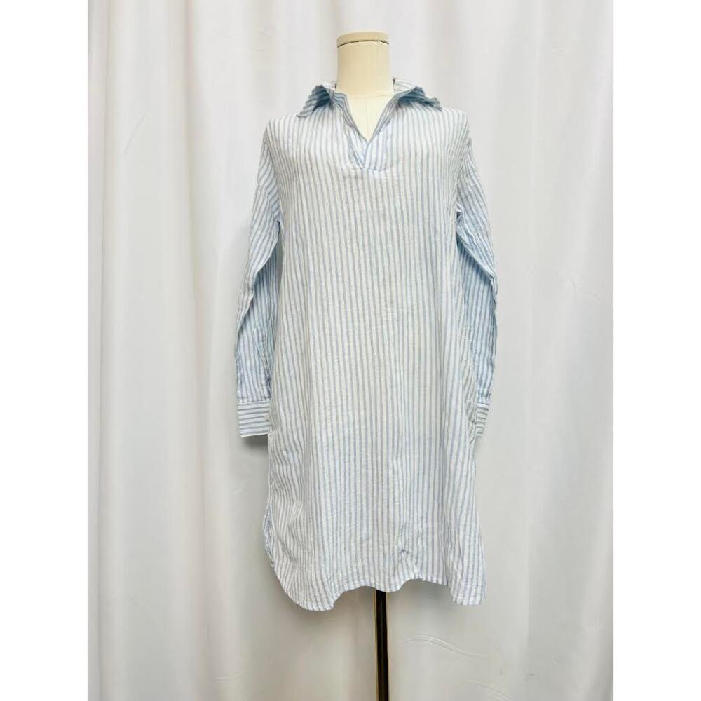 NEW! POUR‎ LES FEMMES LINEN SHIRT DRESS Blue White Cotton Stripe SMALL